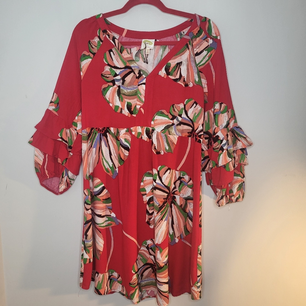Anthro Fig & Flower Red Floral Boho Babydoll Midi Dress L Ruffle Sleeve
